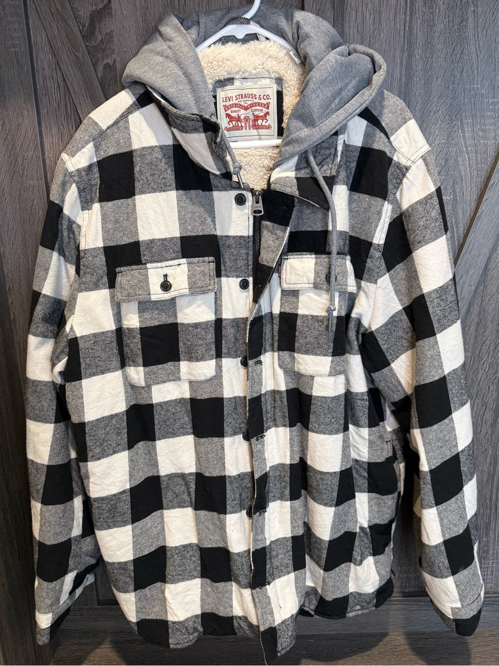 Levi's Black & White Buffalo Plaid Hooded Shacket with Sherpa Lining